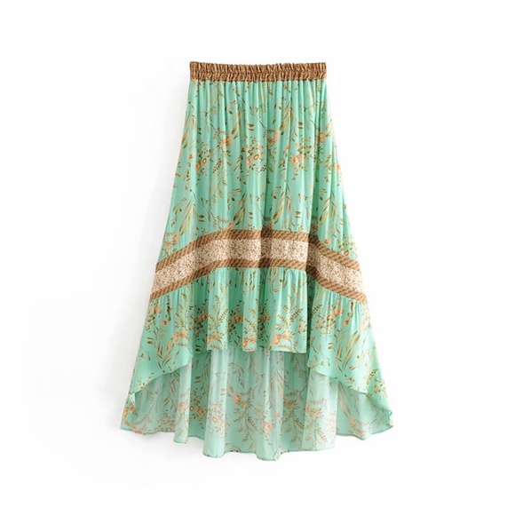 Boho Mint Green Floral Print Ruffle Crop Top Maxi Skirt Set - Picture 11 of 12